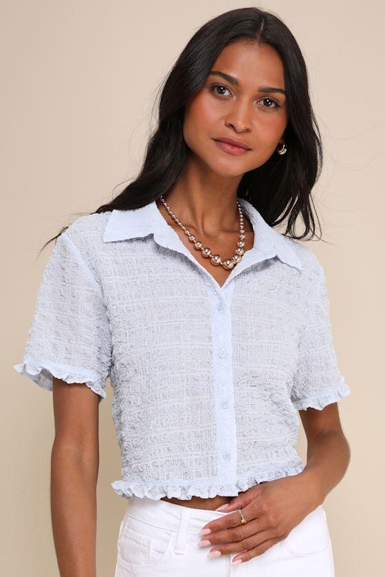 Playful Impression Light Blue Textured Button-Up Collared Top Product Image