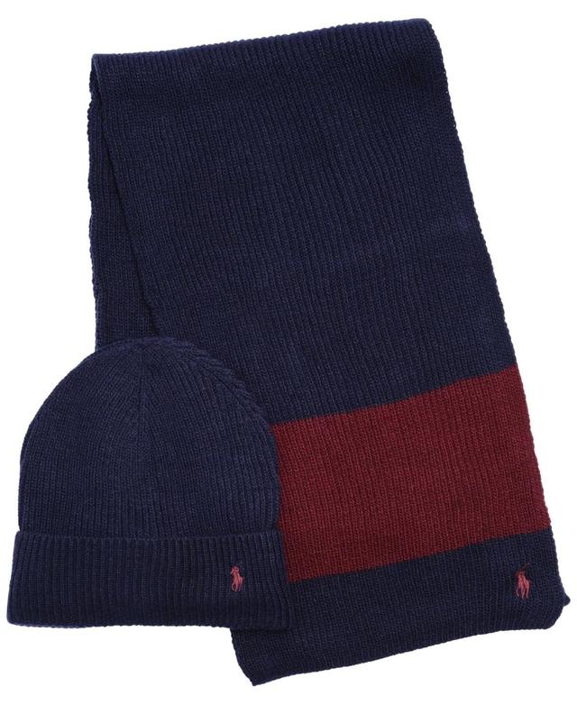 Polo Ralph Lauren Mens Rugby Stripe Scarf and Hat Gift Set, 2 Piece - Navy Product Image