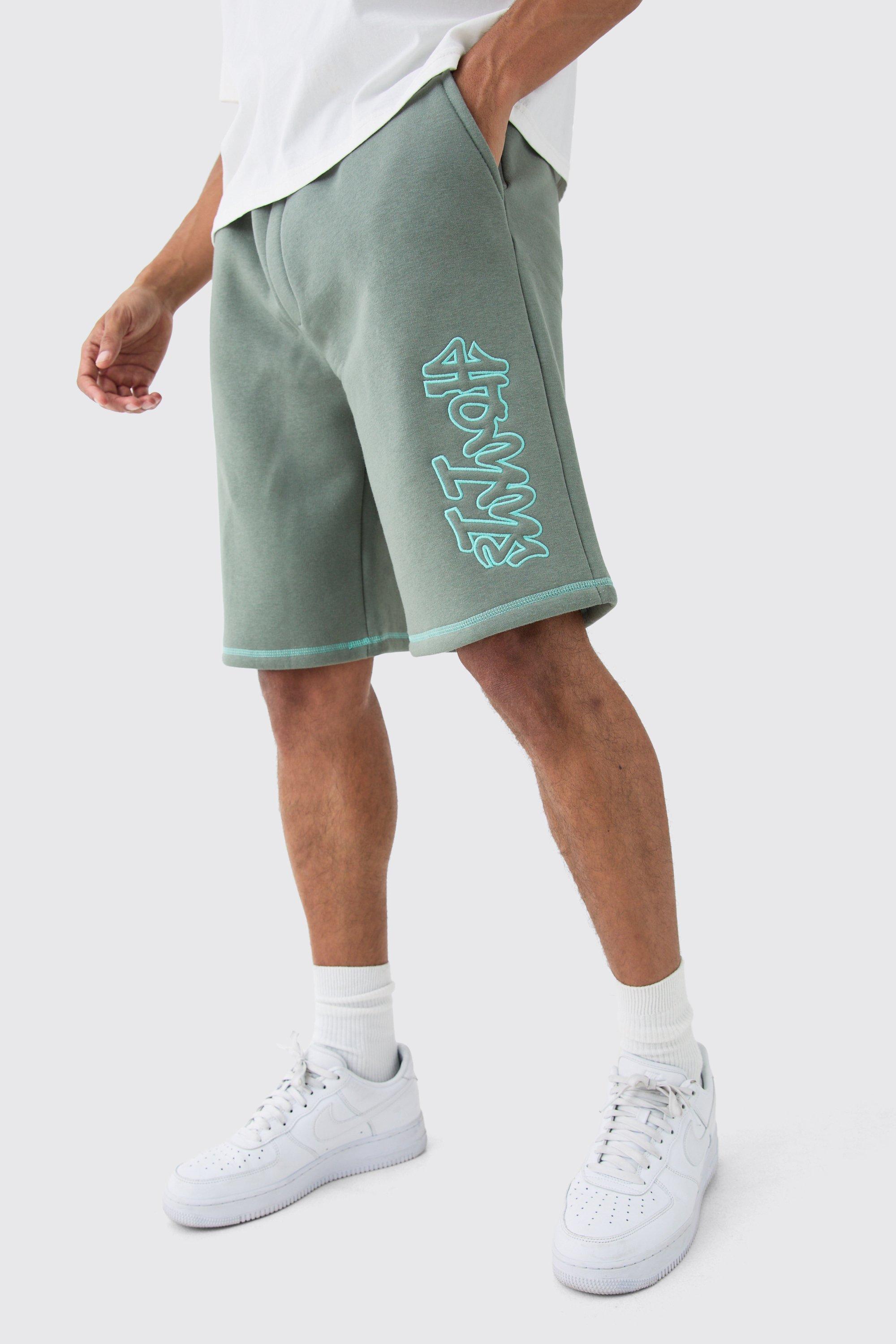 Mens Green Oversized Contrast Stitch Applique Shorts, Green Product Image