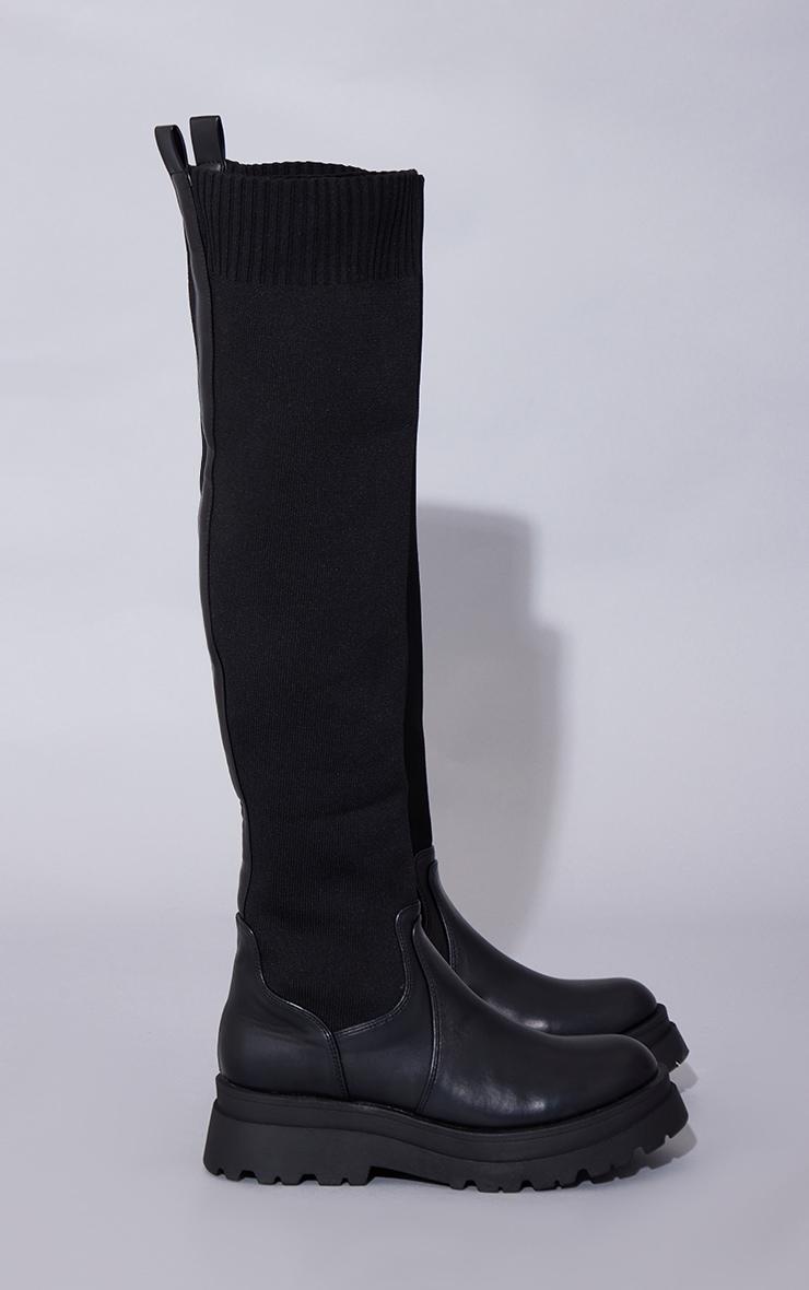 Black PU Contrast Knitted Over The Knee Boots Product Image