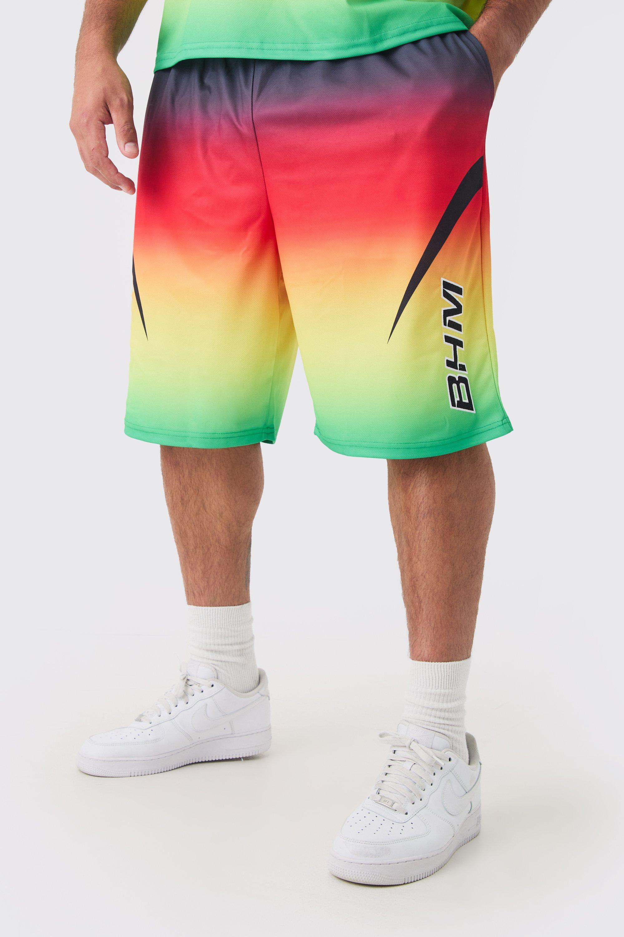 Plus Mesh Basketball Applique Ombre Long Shorts | boohooMAN USA Product Image