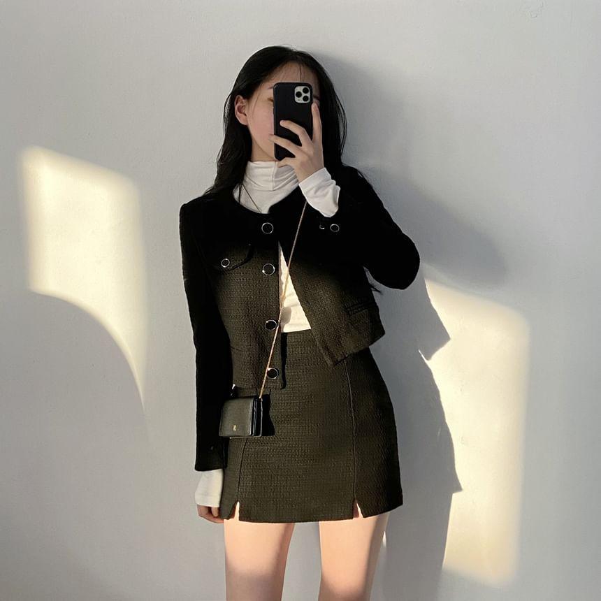 Crew Neck Plain Button-Up Tweed Crop Jacket / High Waist Slit Mini Pencil Skirt Product Image