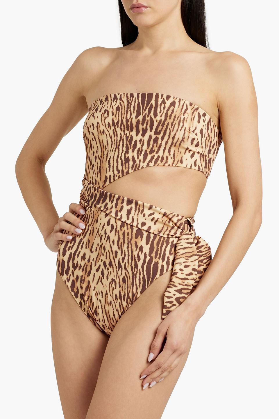 Bow-detailed Leopard-print Bandeau Swimsuit In Animal Print Product Image