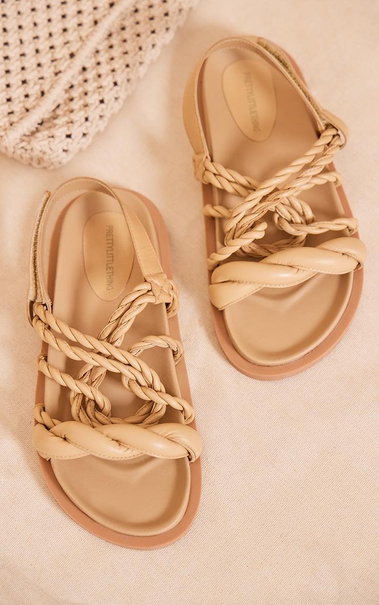 Beige Real Leather Round Toe Rope Twist Strap Flat Sandals Product Image