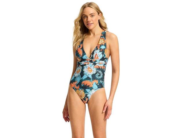 Seafolly Spring Festival Cross Back One Piece (True ) Women's Swimsuits One Piece Product Image