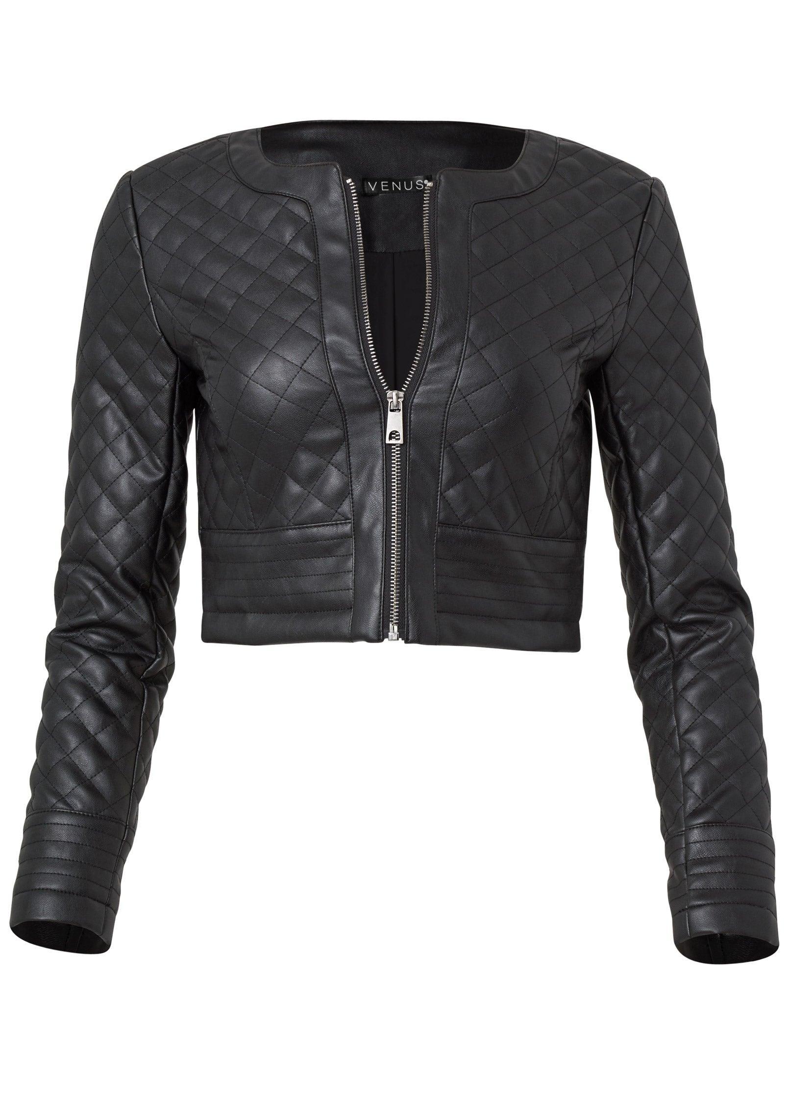 Faux-Leather Quilted Jacket - Black product image