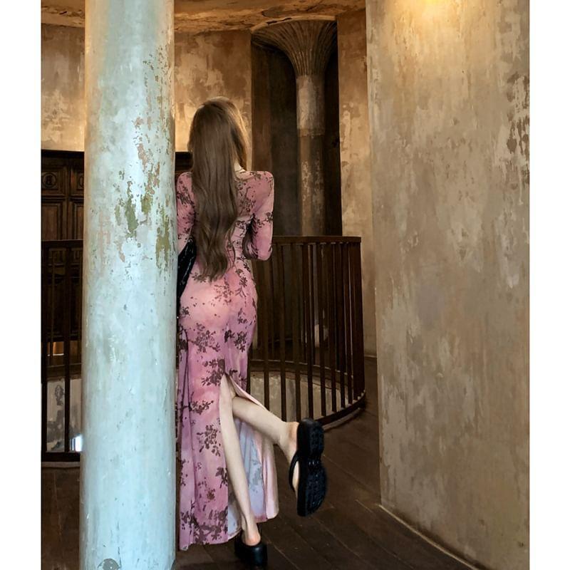 Long Sleeve Square Neck Floral Print Slit Maxi Sheath Dress Product Image