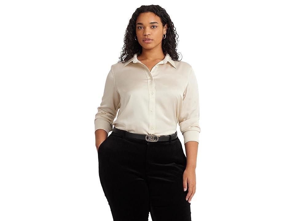 LAUREN Ralph Lauren Plus-Size Satin Charmeuse Shirt (Mascarpone Cream) Women's Clothing Product Image