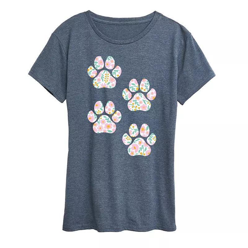 Womens Floral Dog Paw Prints Graphic Tee Blue Product Image