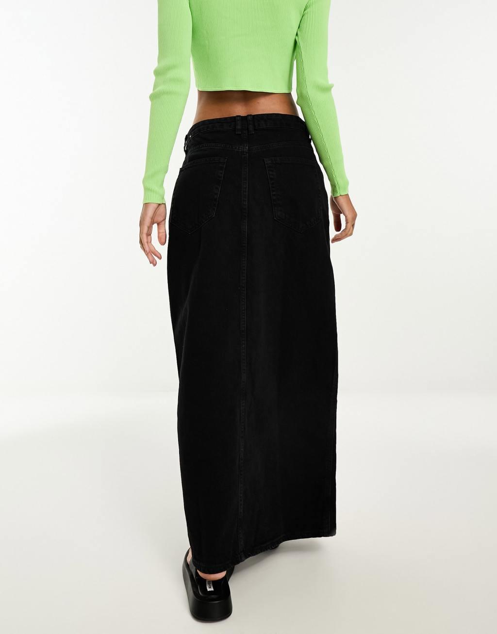 Mango front split denim maxi skirt in black Product Image