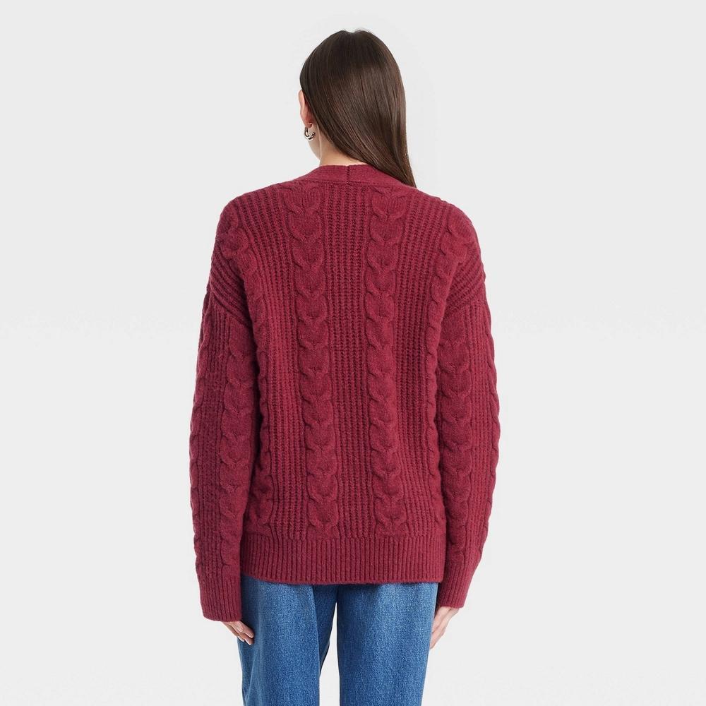 Women's Cozy Knit Cable Stitch Cardigan - Universal Thread™ Maroon L Product Image