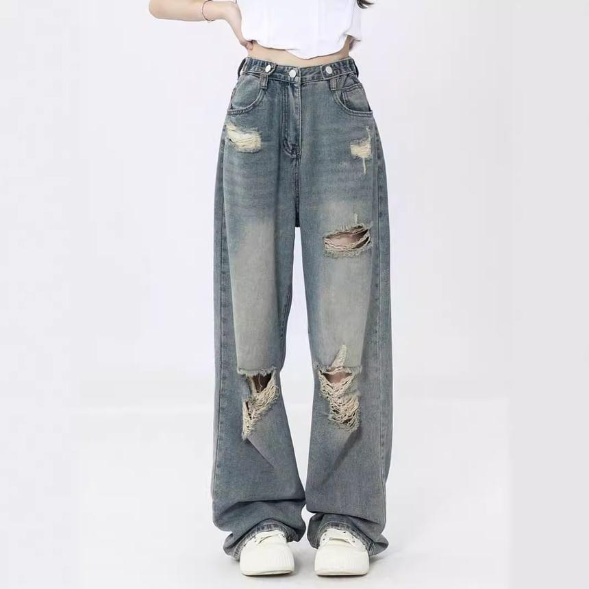 High Rise Washed Ripped Loose-Fit Wide-Leg Jeans Product Image