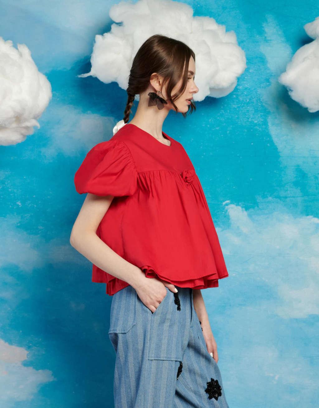 Sister Jane rosette puff sleeve smock top in red Product Image