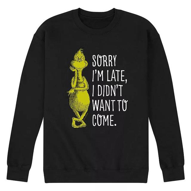 Mens Dr. Seuss Grinch Sorry Im Late Fleece Sweatshirt Product Image