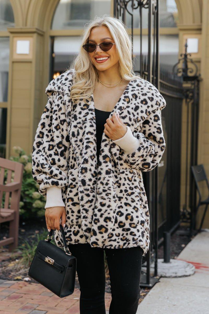 Tan Leopard Print Fur Hooded Jacket Product Image