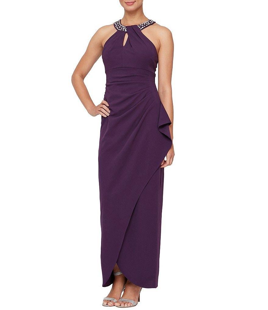 Ignite Evenings Petite Size Scuba Crepe Sleeveless Beaded Twisted Halter Neck Ruffled Gown Product Image