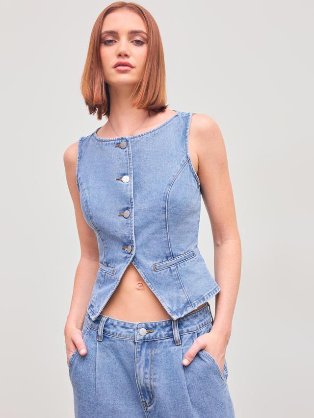 Denim Boat Neck Solid Button Vest Product Image