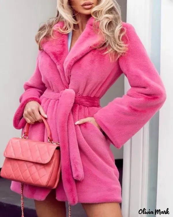 Olivia Mark – Long sleeve fuzzy coat with pocket and belt Product Image