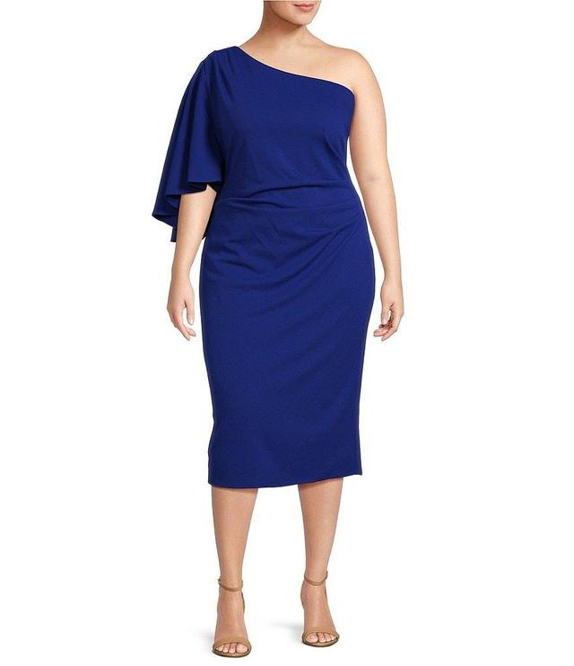 Marina Plus Size 3/4 One Shoulder Sleeve Midi Dress Product Image