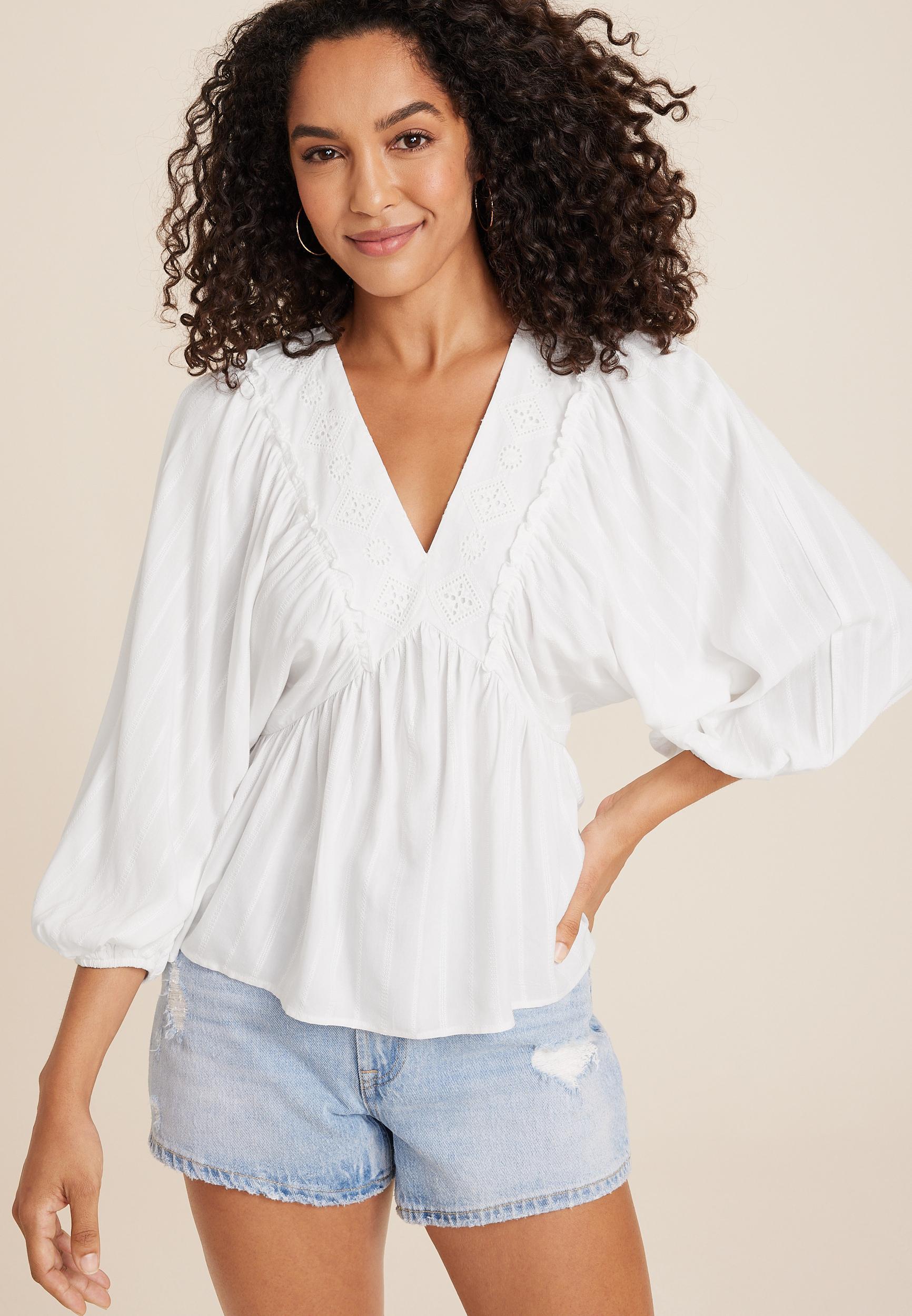 Maurices Womens X Small Size Eyelet Ruffle Trim Blouse White Product Image