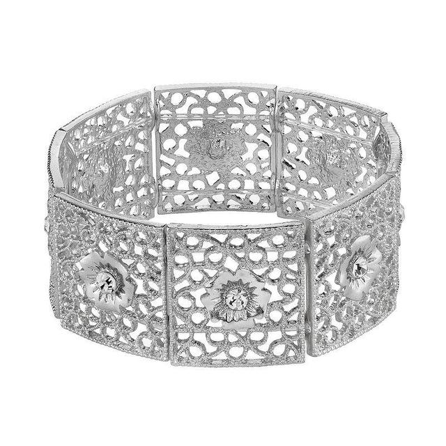 1928 Silvertone Flower Stretch Bracelet, One Size , White Product Image