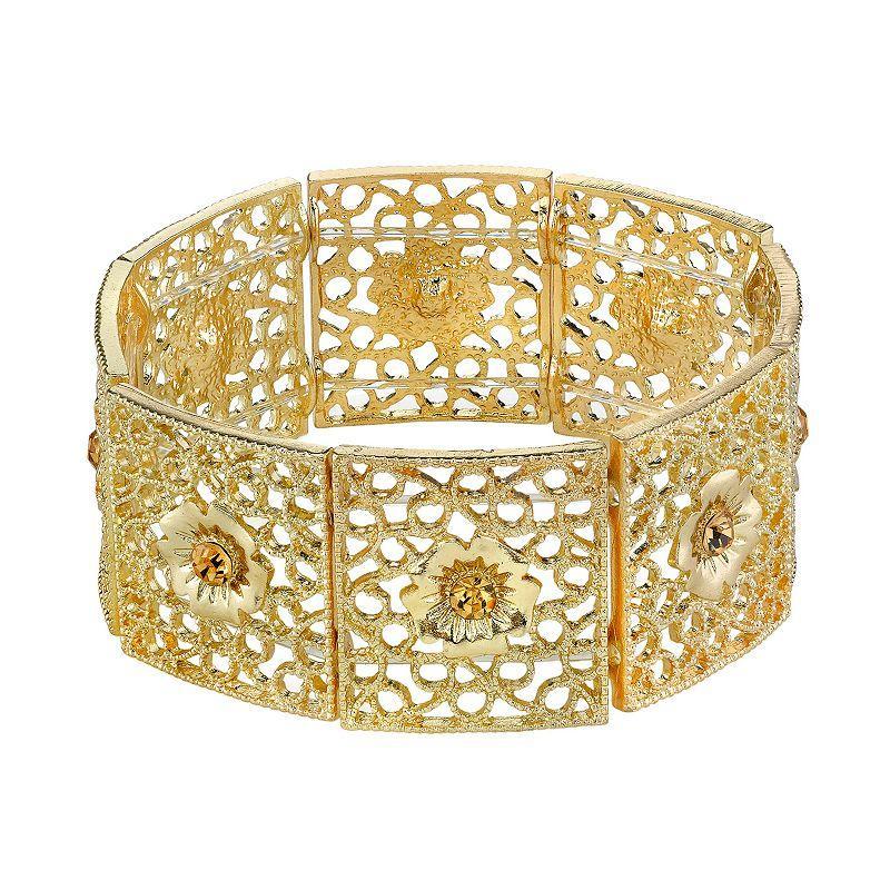 1928 Simulated Crystal Openwork Flower Stretch Bracelet, Womens, Gold Tone Product Image