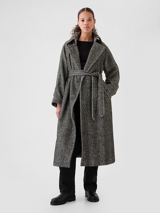 Double-Breasted Herringbone Belted Trench Coat Product Image