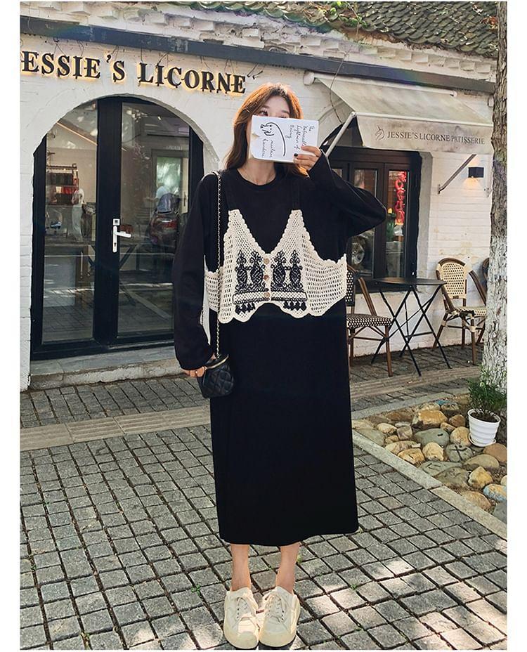 Long-Sleeve Round Neck Mock Two-Piece Patterned Knit Panel Midi Tunic Dress Product Image