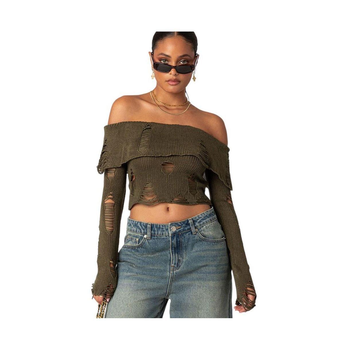 Edikted Distressed Fold Over Sweater Product Image