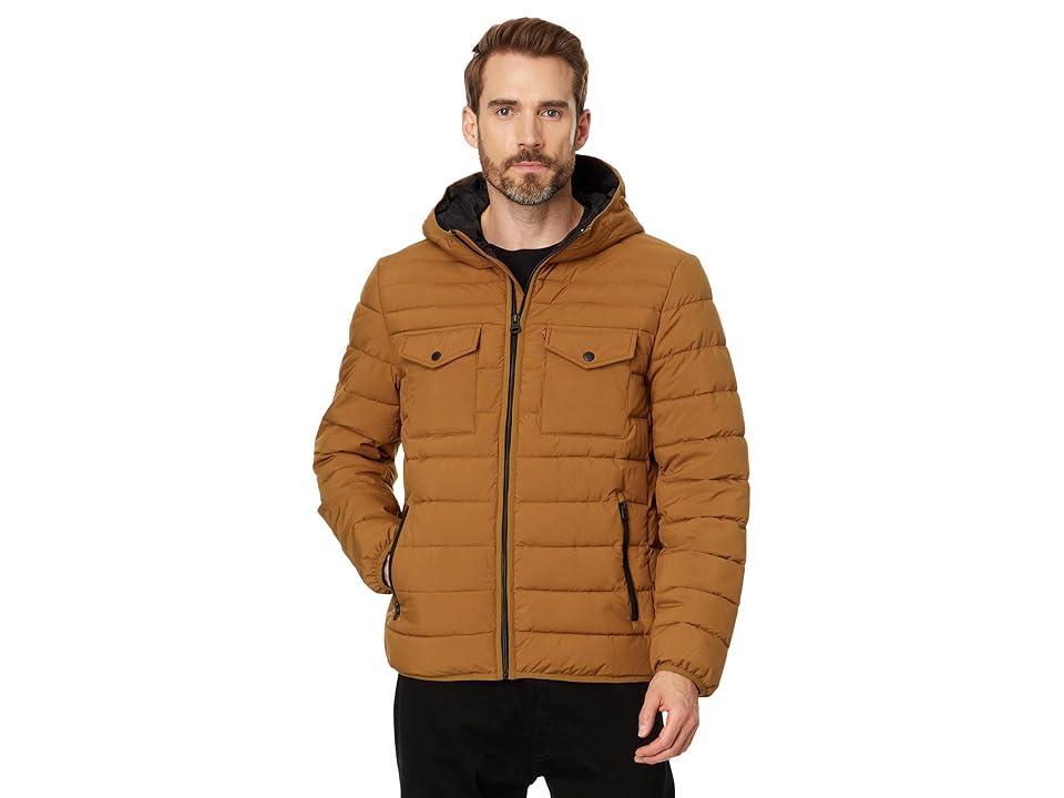 Mens Levis Stretch Two Pocket Quilted Hooded Jacket Brown Product Image