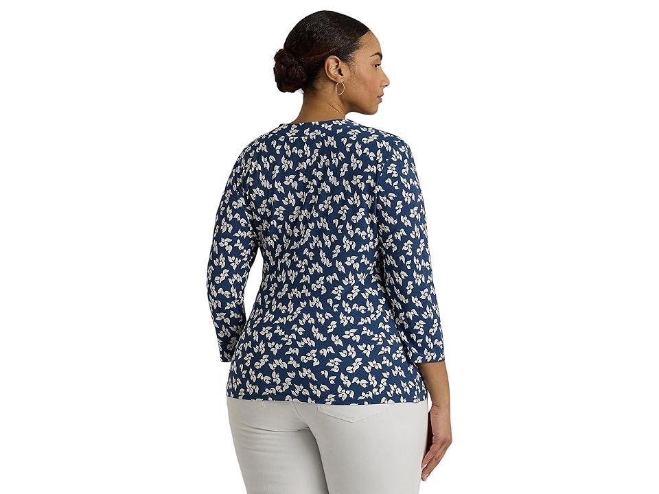 LAUREN Ralph Lauren Plus-Size Floral Stretch Jersey Top Cream) Women's Clothing Product Image