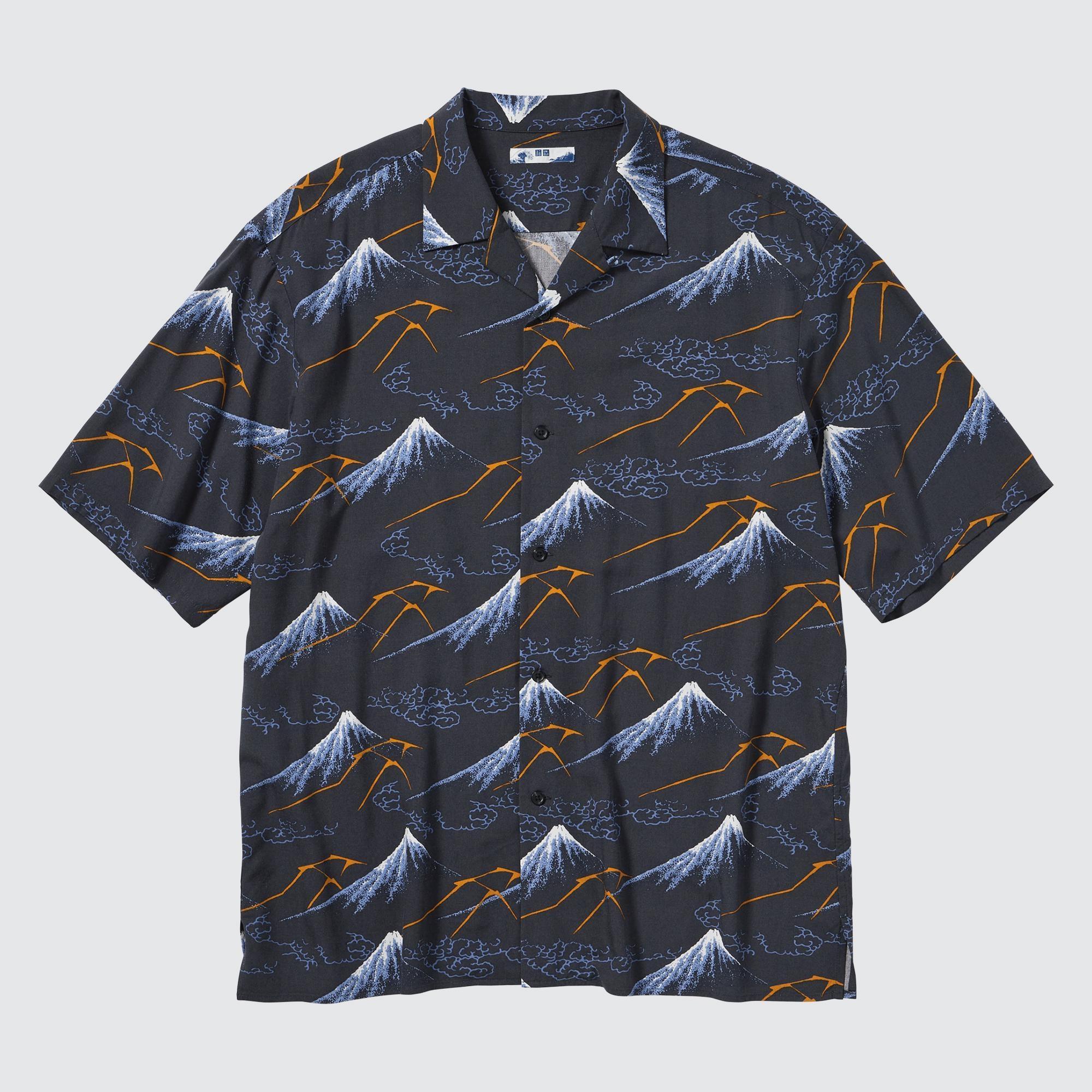 Mens Printed Open Collar Short-Sleeve Shirt (Hokusai) Navy XS UNIQLO US Product Image