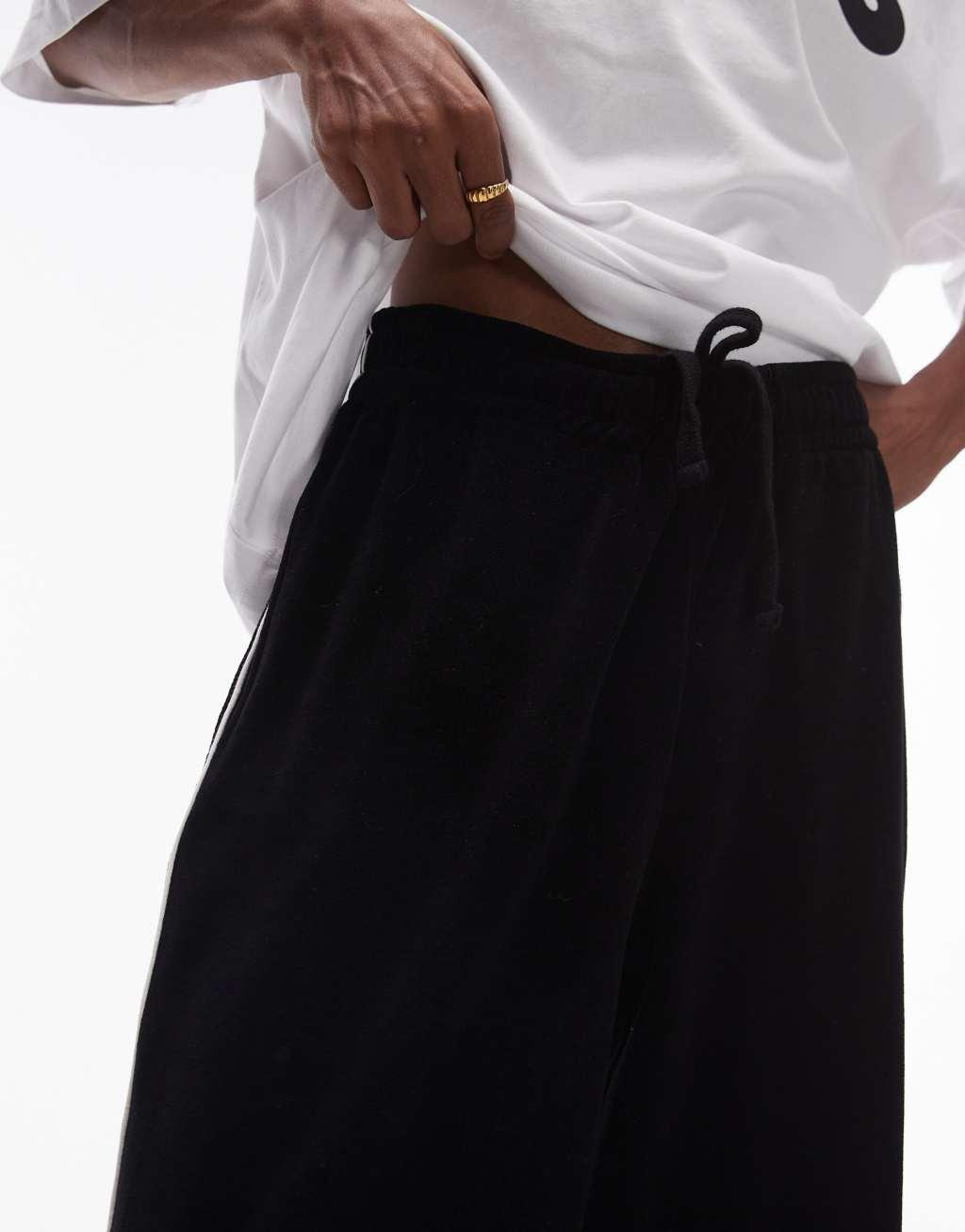 Topman baggy leg velour sweatpants with side piping in black Product Image