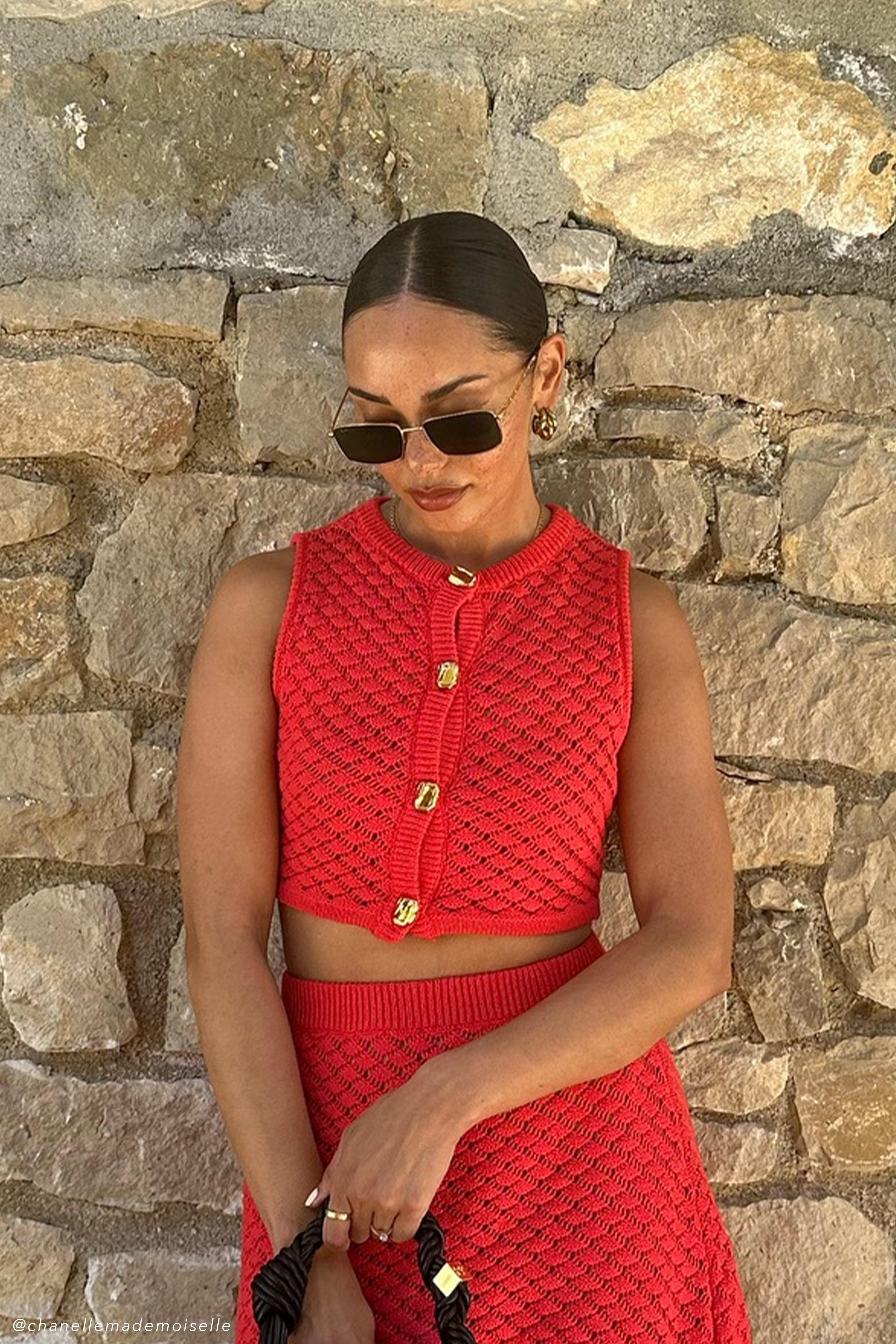 Lorenza Crochet Button Down Crop Top - Pomegranate Product Image