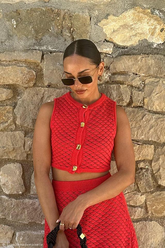 Lorenza Crochet Button Down Crop Top - Pomegranate Product Image