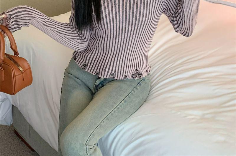 Long-Sleeve Off-Shoulder Striped Distressed Heart Buckle Knit Top Product Image