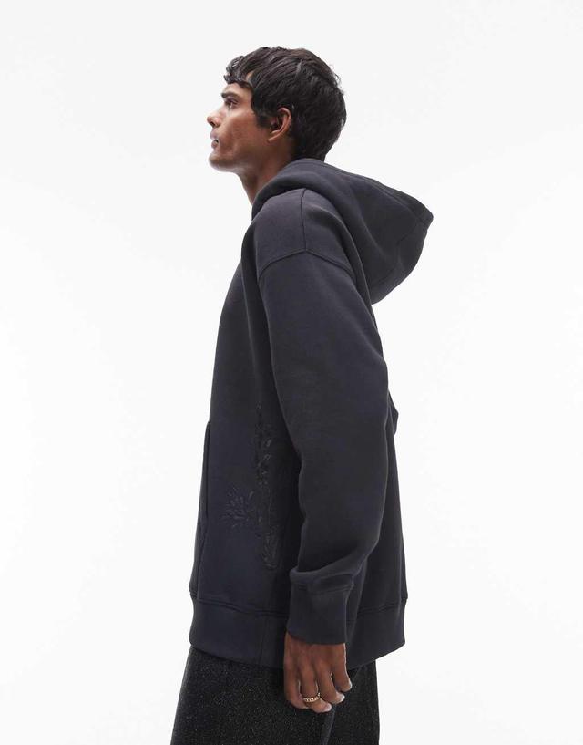 Topman oversized fit hoodie with floral embroidery in washed black Product Image