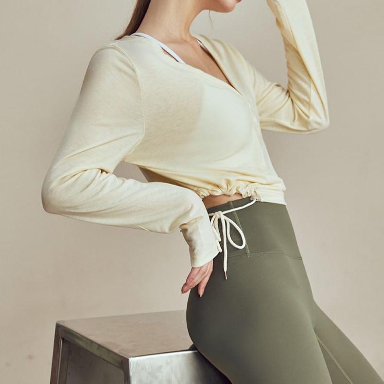 Long-Sleeve V-Neck Plain Crop Sports Top Product Image