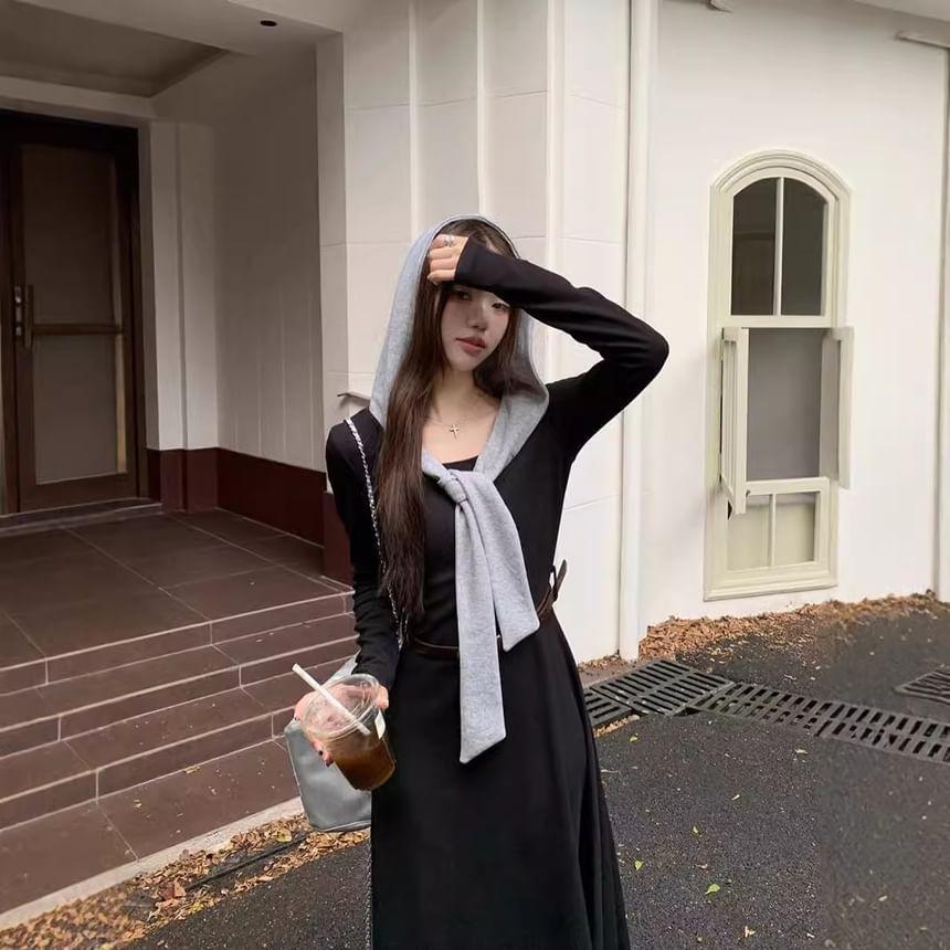 Long-Sleeve Tie-Neck Hooded Midi A-Line Dress Product Image