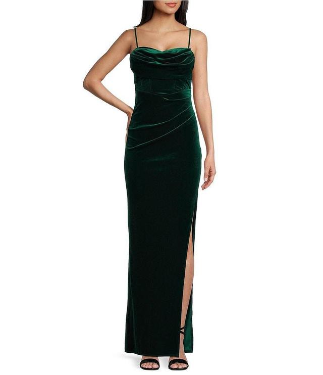 Honey and Rosie Velvet Cowl Neck Corset Side Slit Long Dress Product Image