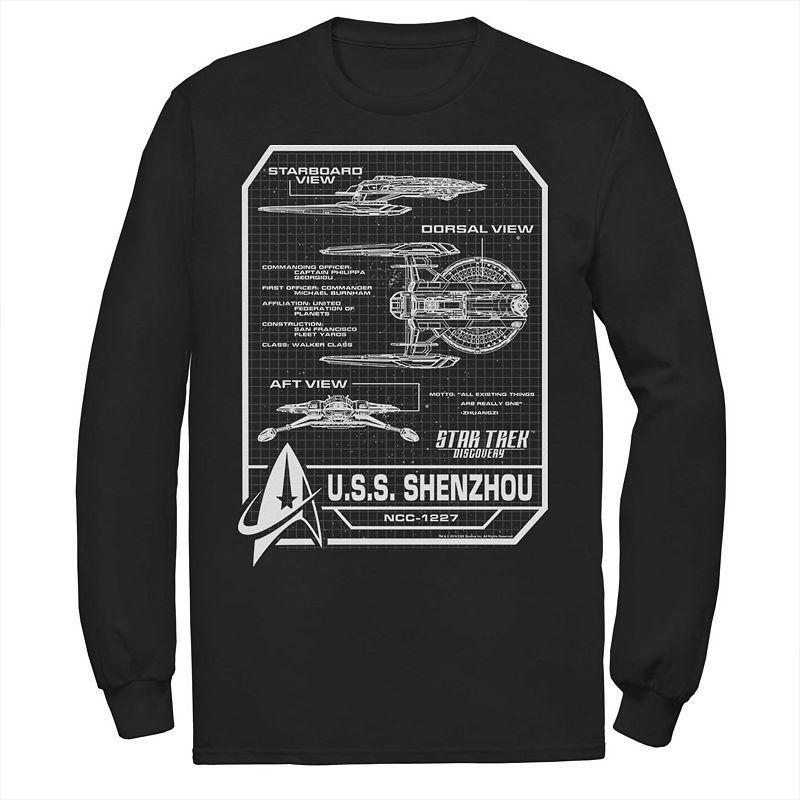 Mens Star Trek Discovery U.S.S. Shenzhou Schematics Long Sleeve Tee Black Product Image