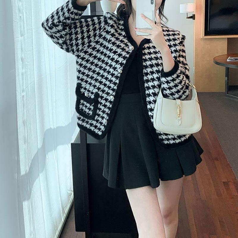 V-Neck Houndstooth Faux Pearl Button Cardigan Product Image