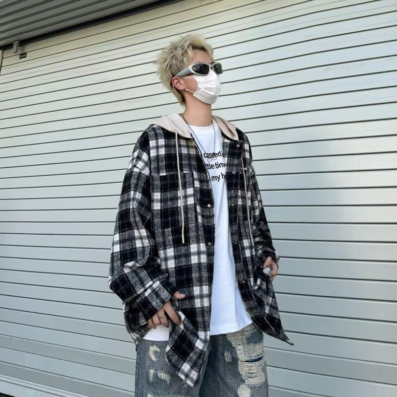 Plaid Drawstring Hooded Button-Up Jacket Product Image