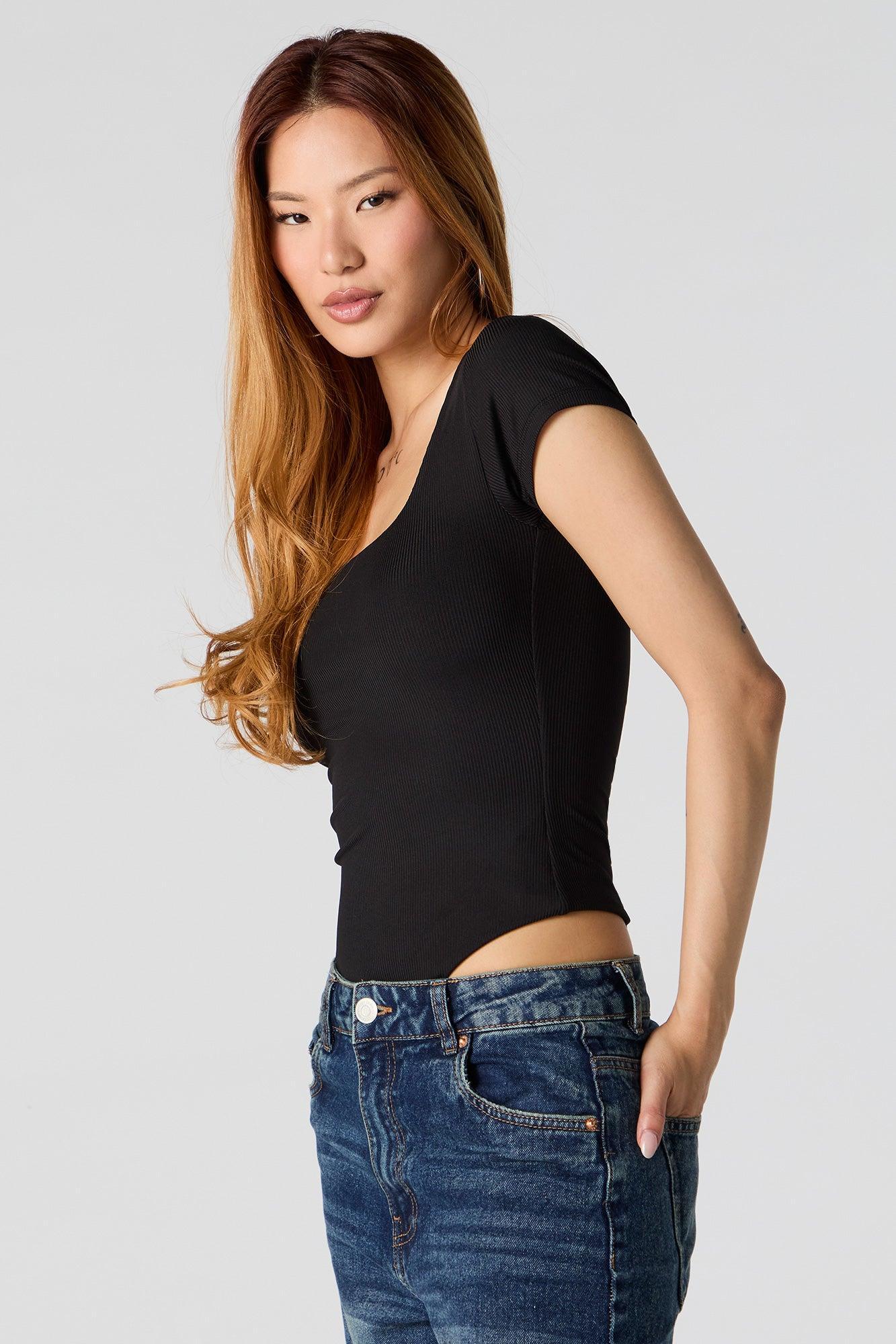 Ribbed Square Neck Short Sleeve Bodysuit Female Product Image