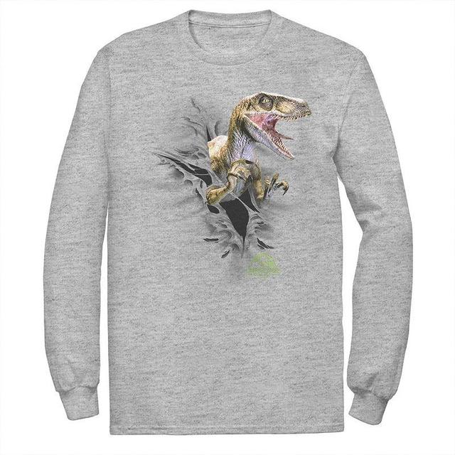 Mens Jurassic Park Ripping Velociraptor Long Sleeve Tee Athletic Grey Product Image