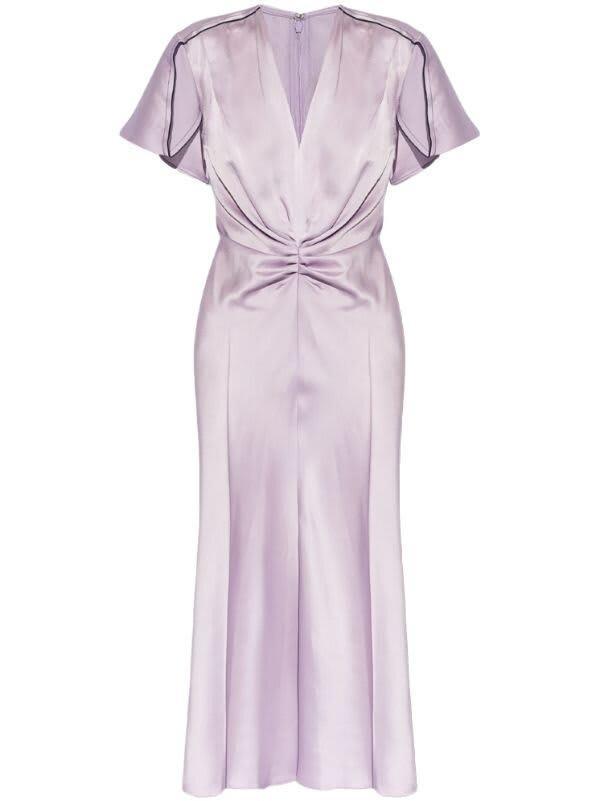 Gathered Satin Midi Dress In Purple Product Image