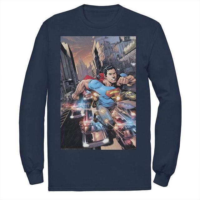 Mens DC Comics Superman Flashing Lights Poster Tee Blue Product Image