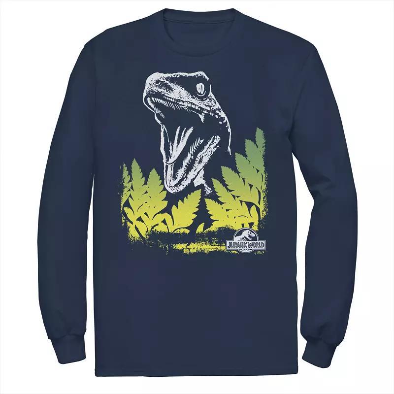 Mens Jurassic World Raptor Roaring Behind Bushes Long Sleeve Graphic Tee Product Image