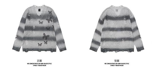 Long-Sleeve V-Neck Butterfly Print Distressed Sweater Product Image