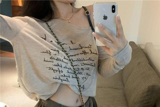 Long-Sleeve Off Shoulder Lettering T-Shirt Product Image